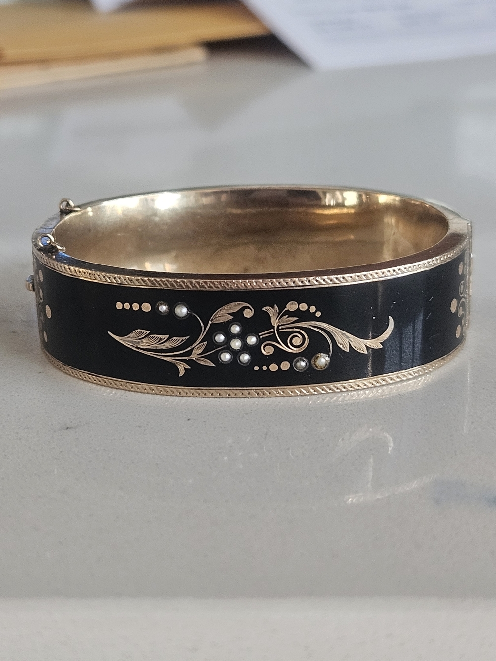 Estate Victorian 14k Gold Black Enamel Seed Pearl Mourning Bangle Bracelet
